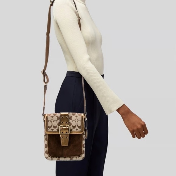 Coach Legacy Suede Signature Canvas Bronze Brown Buckle Flap Crossbody Bag 7x8x1 - Picture 13 of 16